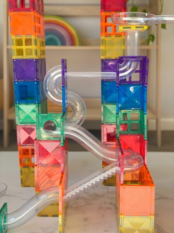 Connetix Magnetic Tiles Ball Run Pack – 92-Piece STEM Building Set with Clear Tubes, Slopes & Magnetic Tiles