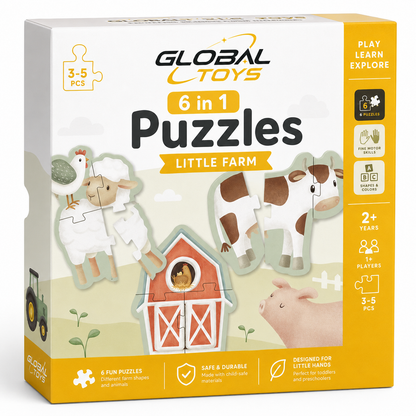 Global Toys 6 in 1 Little Farm Puzzles – Kids Farm Animal Puzzle Set, Ages 2+